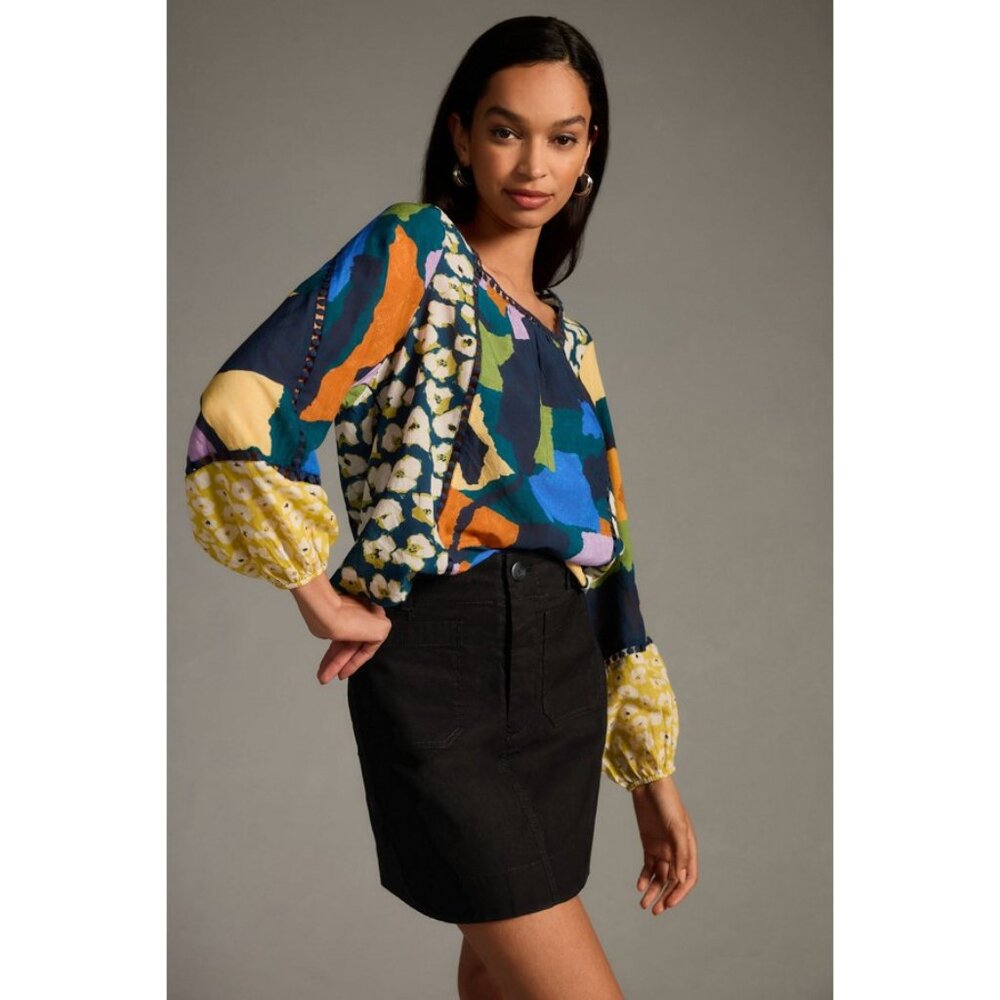 ANTHROPOLOGIE Women's Mix Printed Blouse Size L In Blue